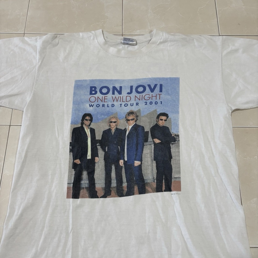 Vintage Bon Jovi One Wild Night World Tour Shirt Band Tee White Men's XL Y2K